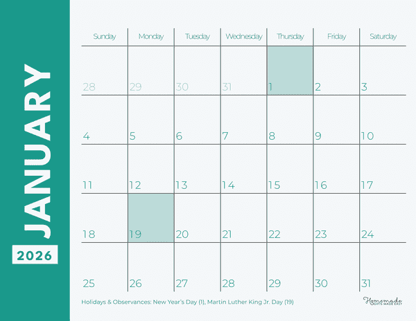 January Calendar 2026 Simple Green Landscape