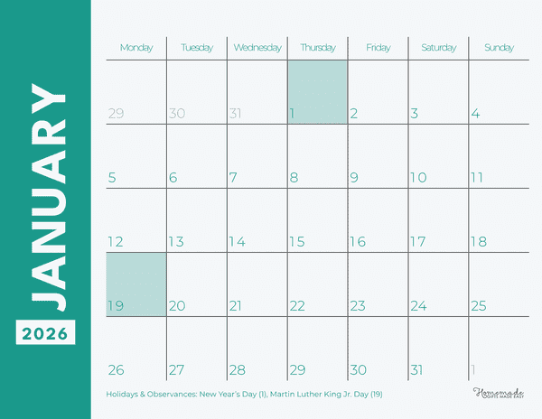 January Calendar 2026 Simple Green Landscape Monday Start