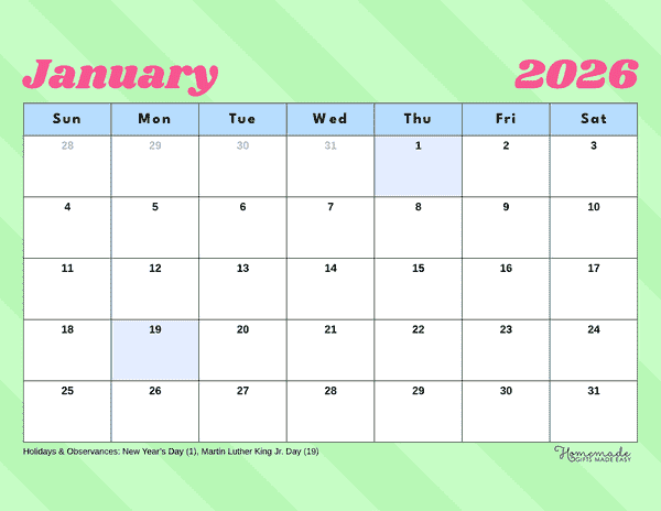 January Calendar 2026 Simple Minty Retro