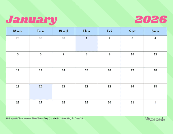 January Calendar 2026 Simple Minty Retro Monday Start