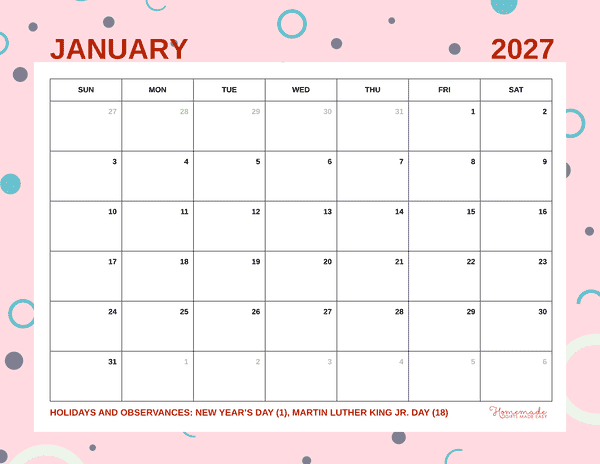 January Calendar 2027 Blue and Pink Geometric