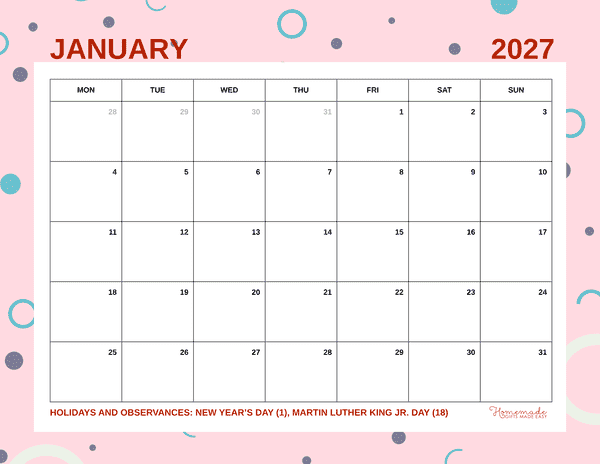 January Calendar 2027 Blue and Pink Geometric Monday Start