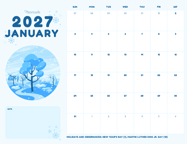 January Calendar 2027 Blue Winter Landscape