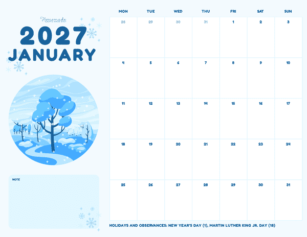 January Calendar 2027 Blue Winter Landscape Monday Start