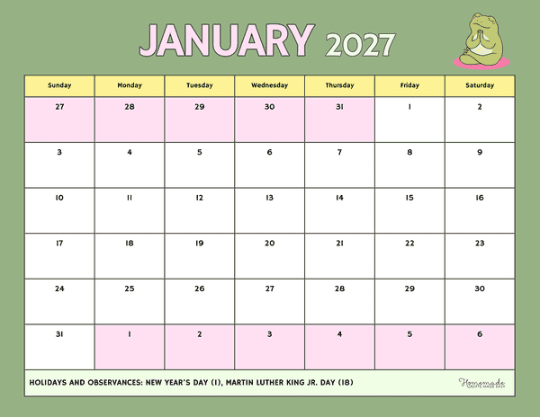 January Calendar 2027 Green and Pink Playful Frog