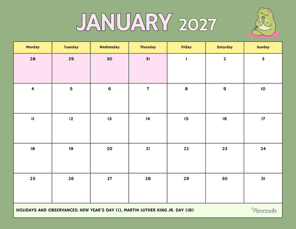 January Calendar 2027 Green and Pink Playful Frog Monday Start