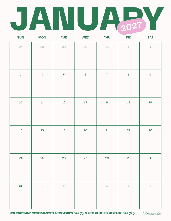 January Calendar 2027 Modern Green and Pink