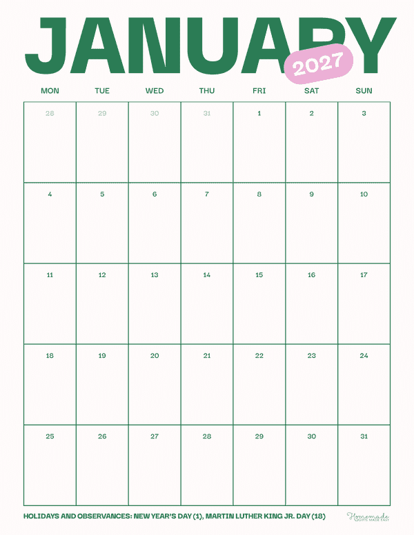 January Calendar 2027 Modern Green and Pink Monday Start
