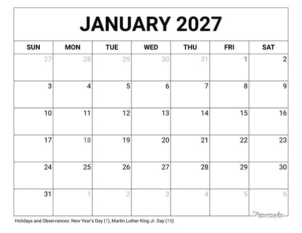 January Calendar 2027 Printable Blank