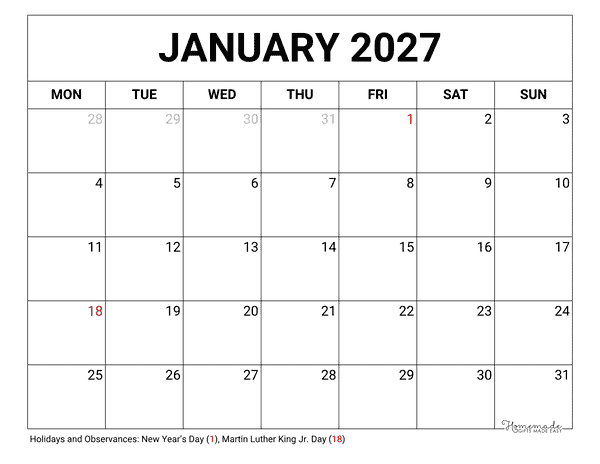 January Calendar 2027 Printable Blank Monday Start
