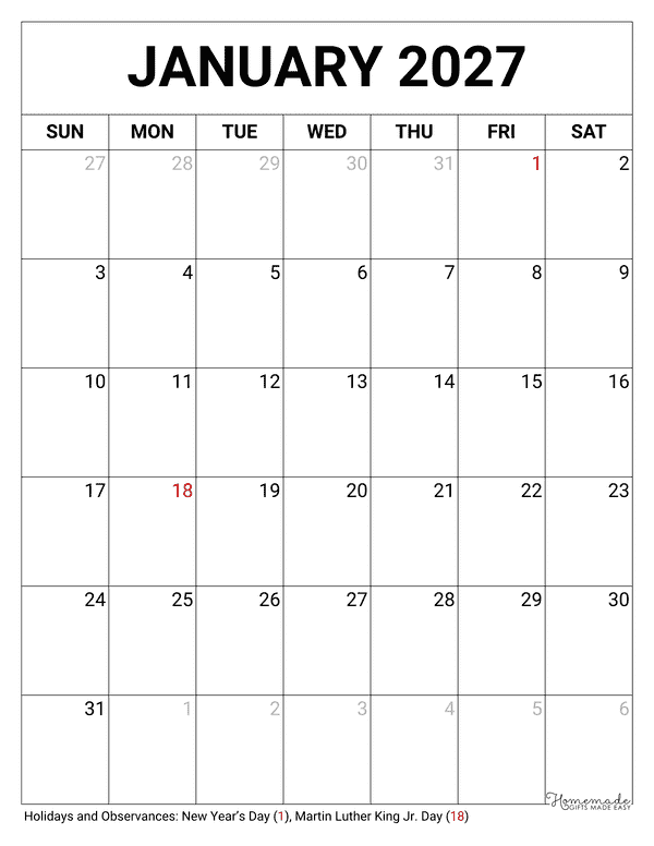 January Calendar 2027 Printable Blank Portrait