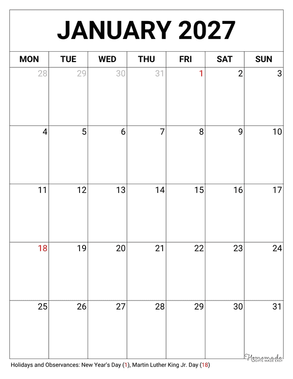 January Calendar 2027 Printable Blank Portrait Monday Start