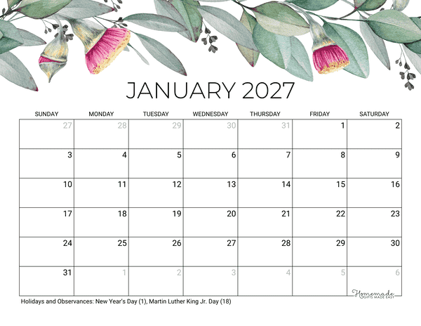 January Calendar 2027 Printable Eucalyptus
