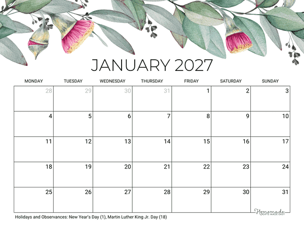 January Calendar 2027 Printable Eucalyptus Monday Start