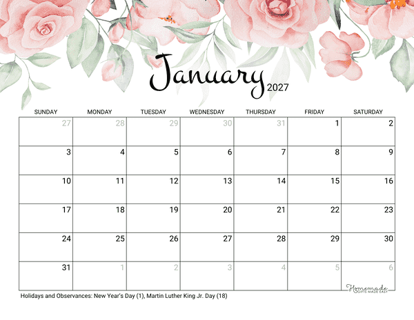 January Calendar 2027 Printable Rose