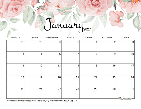 January Calendar 2027 Printable Rose Monday Start