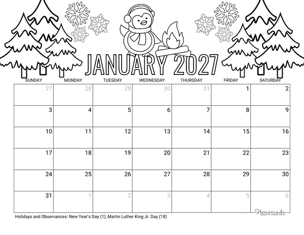 January Calendar 2027 Printable Winter Penguin to Color