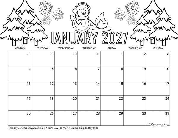 January Calendar 2027 Printable Winter Penguin to Color Monday Start
