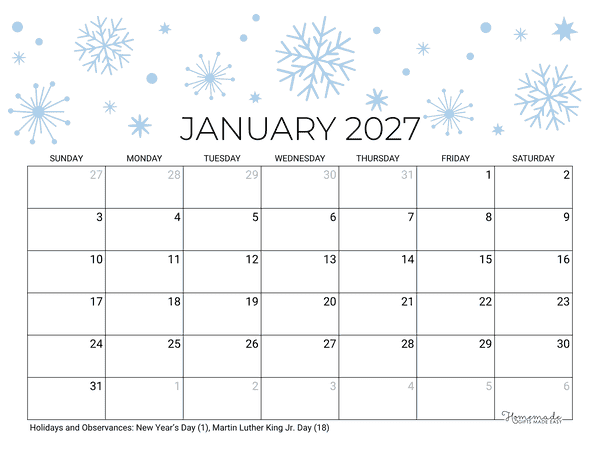 January Calendar 2027 Printable Winter Snowflakes Landscape