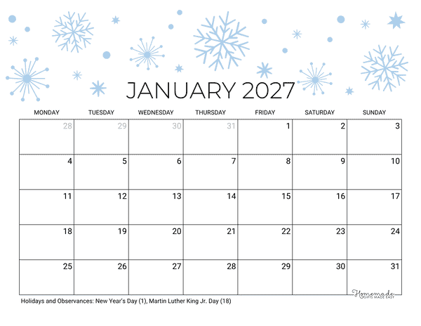 January Calendar 2027 Printable Winter Snowflakes Landscape Monday Start