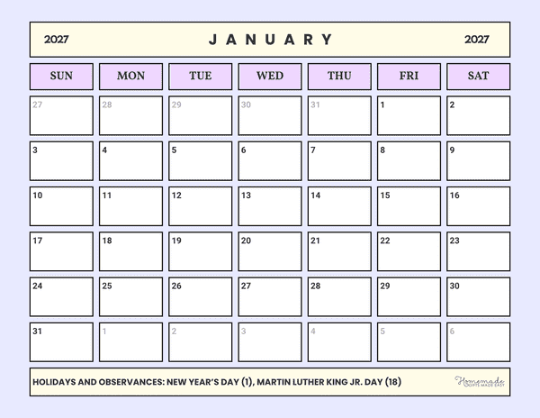 January Calendar 2027 Purple and Yellow Playful