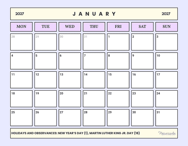 January Calendar 2027 Purple and Yellow Playful Monday Start