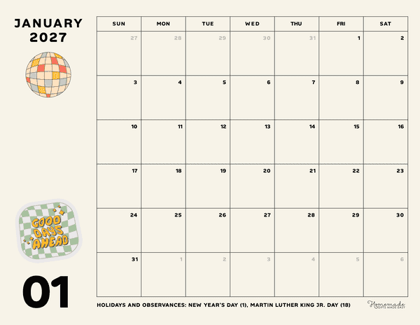 January Calendar 2027 Retro Scrapbooking Style