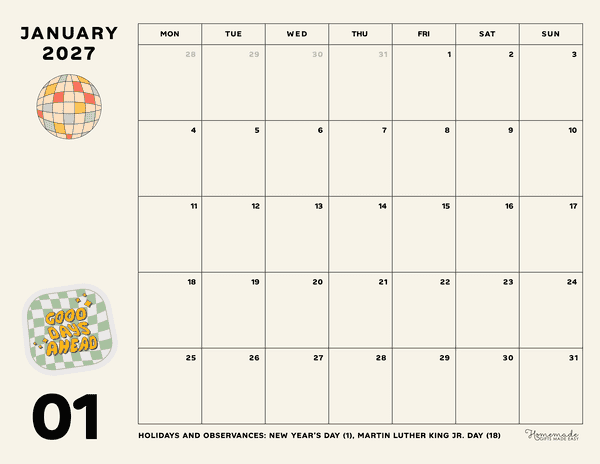 January Calendar 2027 Retro Scrapbooking Style Monday Start