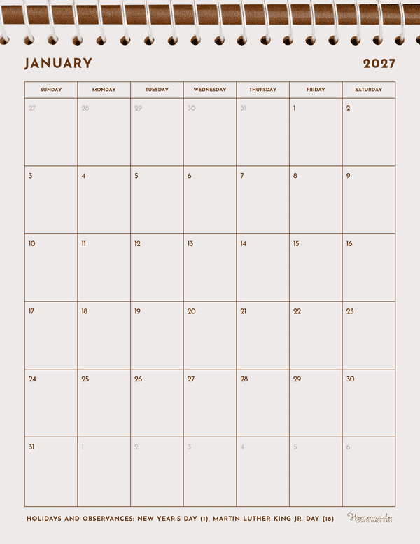 January Calendar 2027 Simple Beige Portrait Notebook
