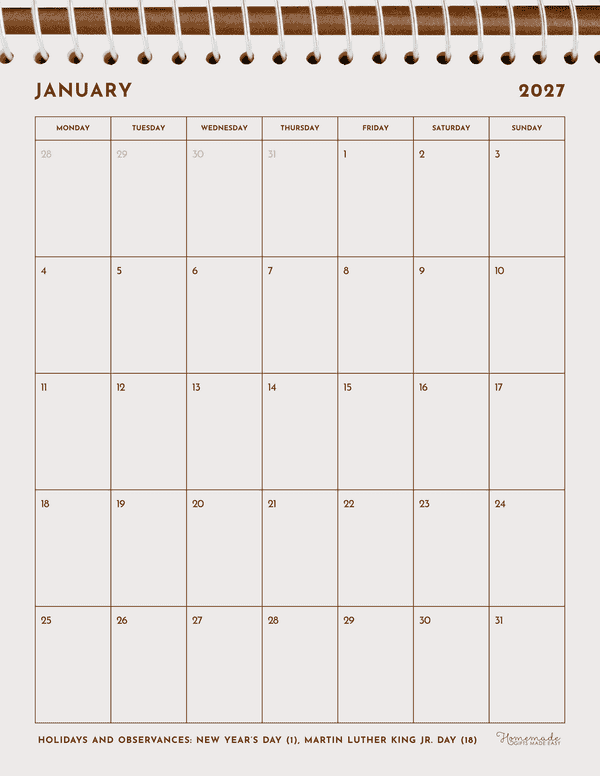 January Calendar 2027 Simple Beige Portrait Notebook Monday Start