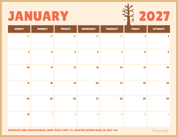 January Calendar 2027 Simple Cream and Orange