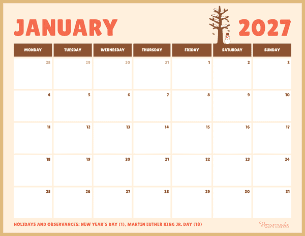 January Calendar 2027 Simple Cream and Orange Monday Start