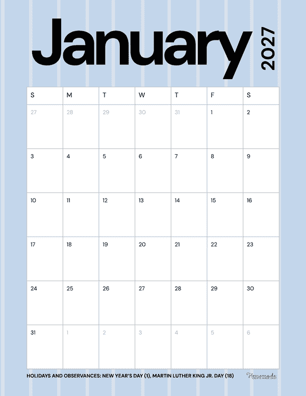 January Calendar 2027 Simple Striped Blue Pastel Portrait