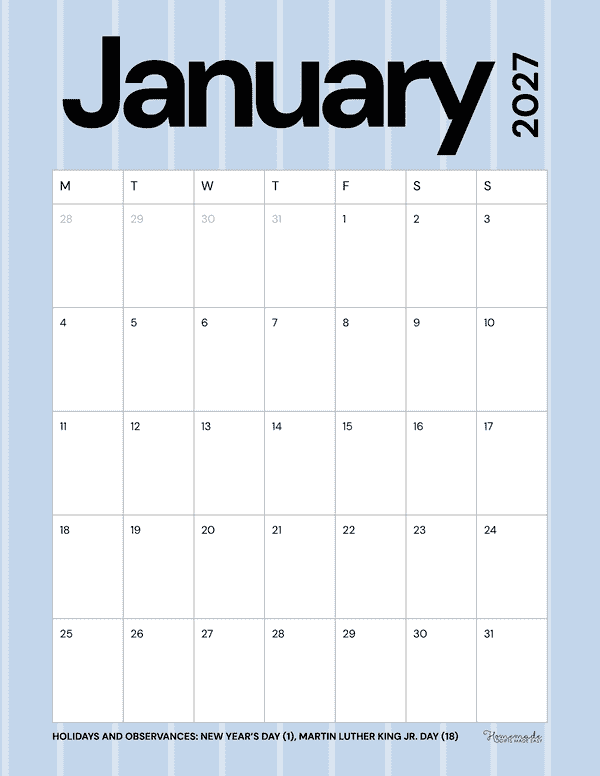 January Calendar 2027 Simple Striped Blue Pastel Portrait Monday Start