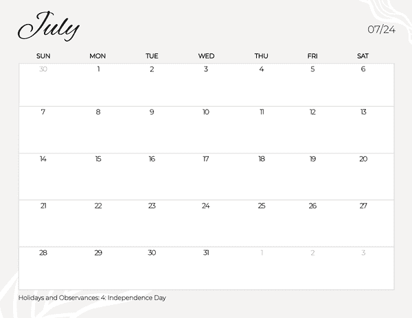 July 2024 Calendars Elegant Minimalist With Leaves