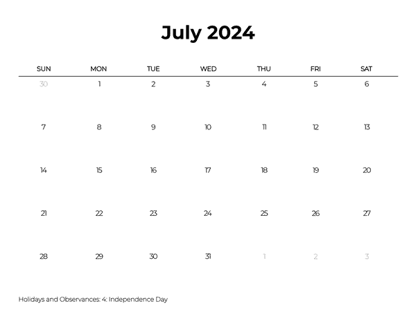 July 2024 Calendars Minimalist Black White Borderless