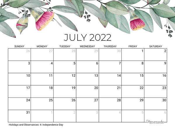 July Calendar 2022 Printable Eucalyptus