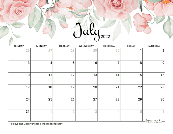 July Calendar 2022 Printable Rose