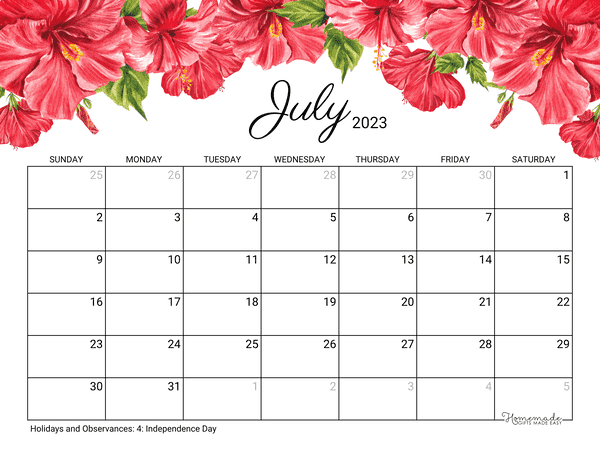 July Calendar 2023 Printable hibiscus