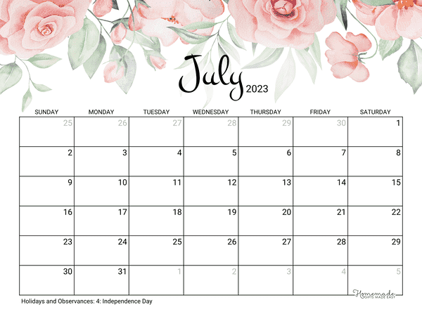july Calendar 2023 Printable Rose