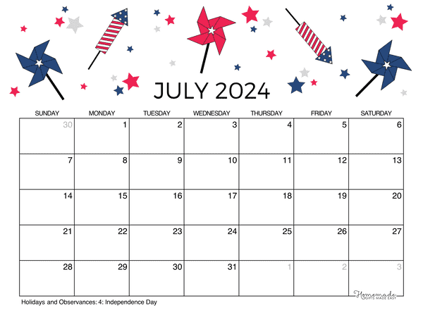 July Calendar 2024 Printable Fourth July Landscape 600x464 