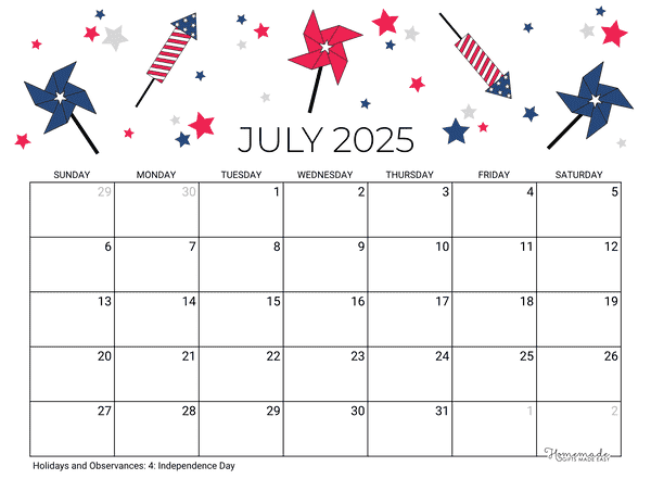 July 2025 Calendar Printable with Holidays