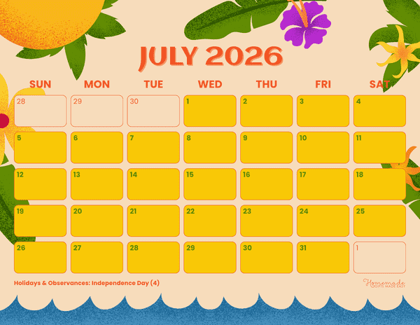 July Calendar 2026 Colorful Playful Tropical