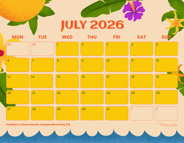 July Calendar 2026 Colorful Playful Tropical Monday Start