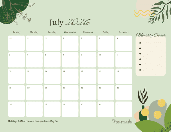 July Calendar 2026 Cute Green Abstract