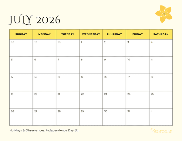 July Calendar 2026 Elegant Summer Minimalism