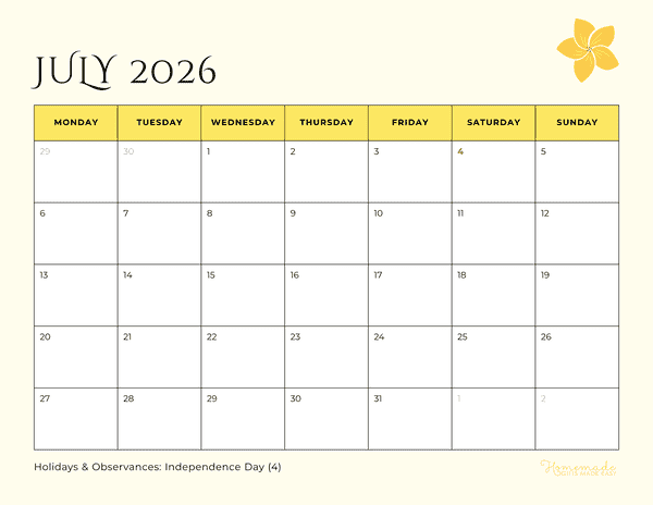 July Calendar 2026 Elegant Summer Minimalism Monday Start