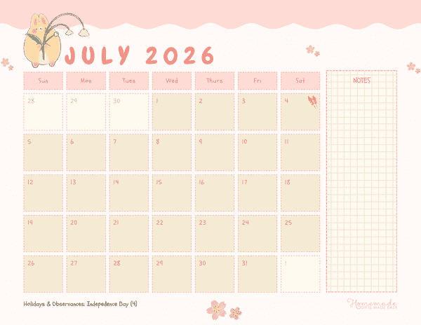 July Calendar 2026 Kawaii Creamy Pink