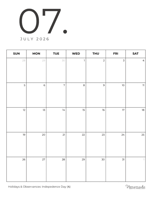 July Calendar 2026 Minimalist Portrait
