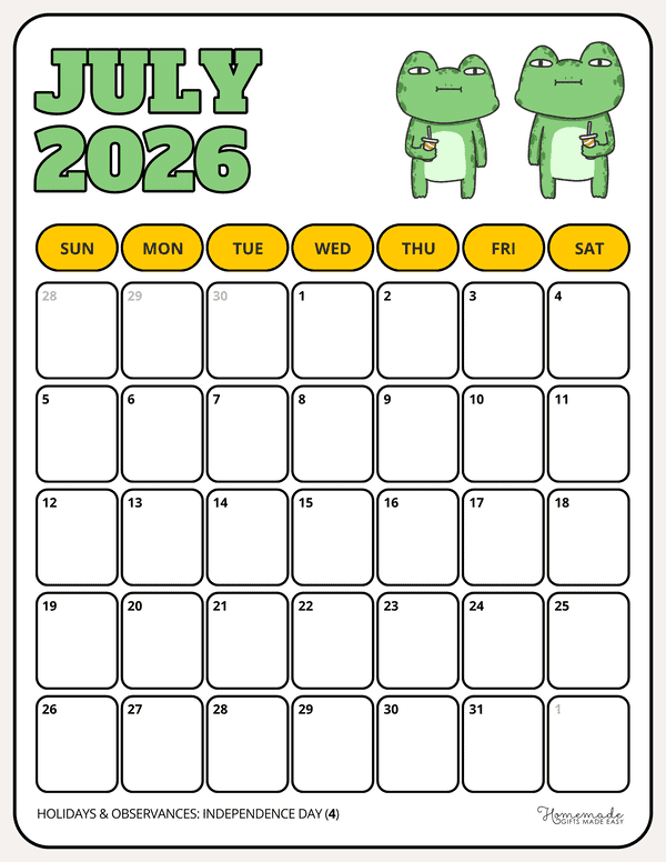 July Calendar 2026 Playful Yellow Green Frog Buddies Illustration